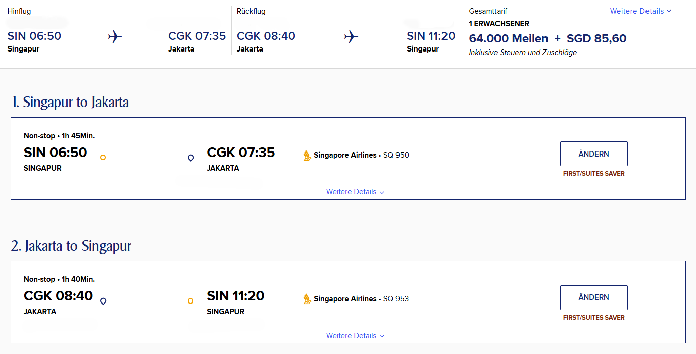 KrisFLyer Award Flight Singapore Jakarta First Class Return