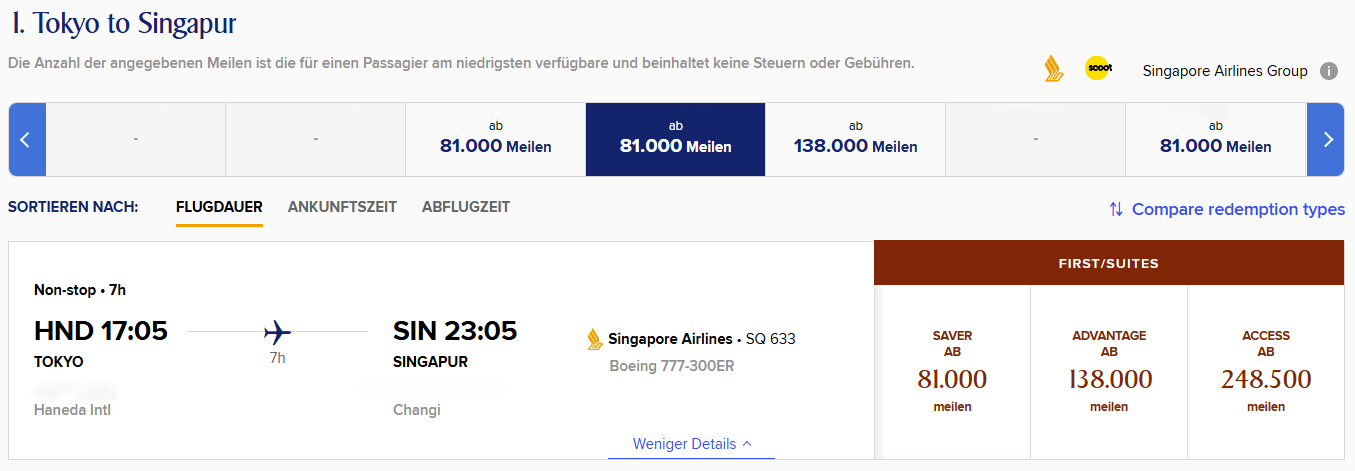 KrisFlyer Award Flight HND SIN First Class Singapore Airlines 777 300 Update Saver