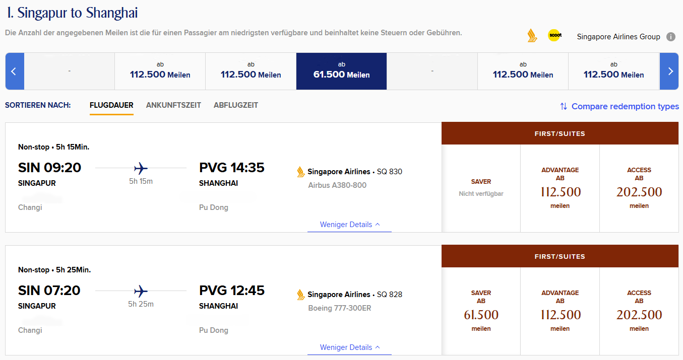 KrisFlyer Award Flight SIN PVG First Class Singapore Airlines 777 300 Update Saver