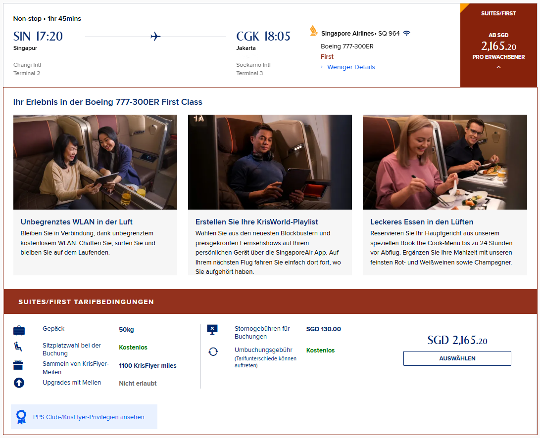 KrisFlyer Cash Flight SIN CGK First Class SQ 777 300