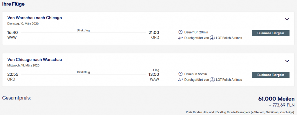 MS WAW ORD Business Class LOT Miles More