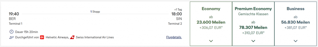 Miles More Award Flight BER SIN Business Class SWISS