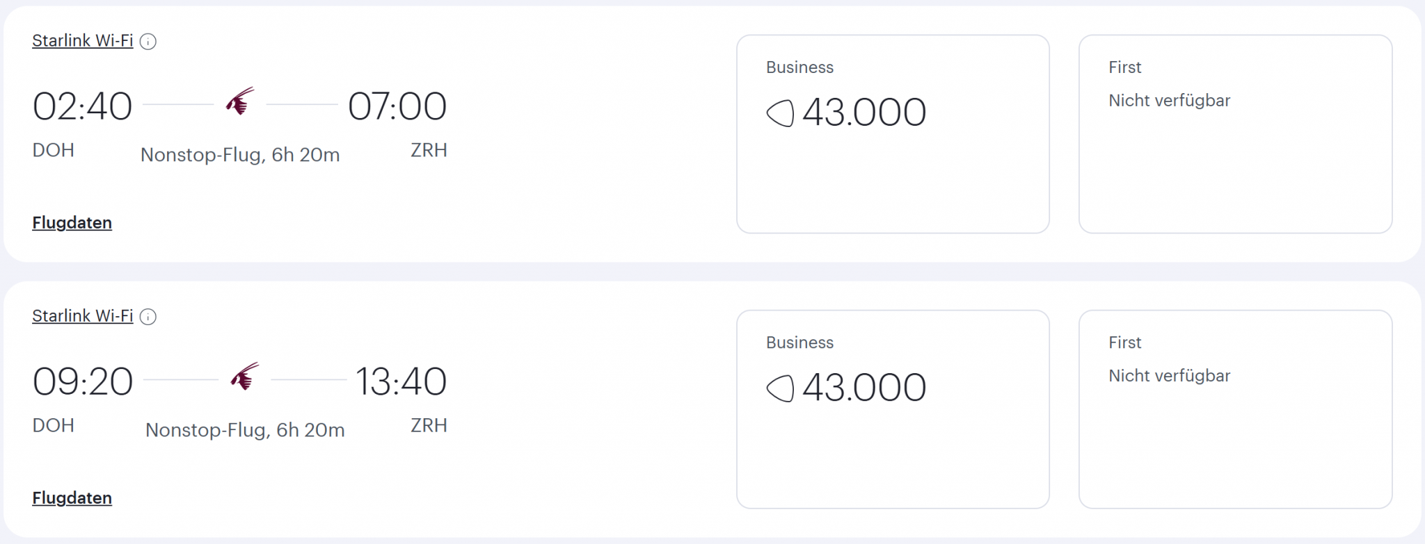 Qatar Award Flight DOH ZRH Business Class Qatar Airways