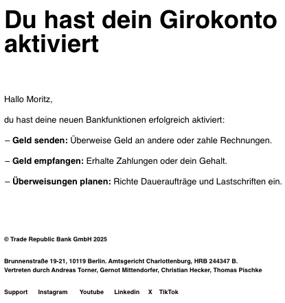 Trade Republic Karte Bestaetigungsmail