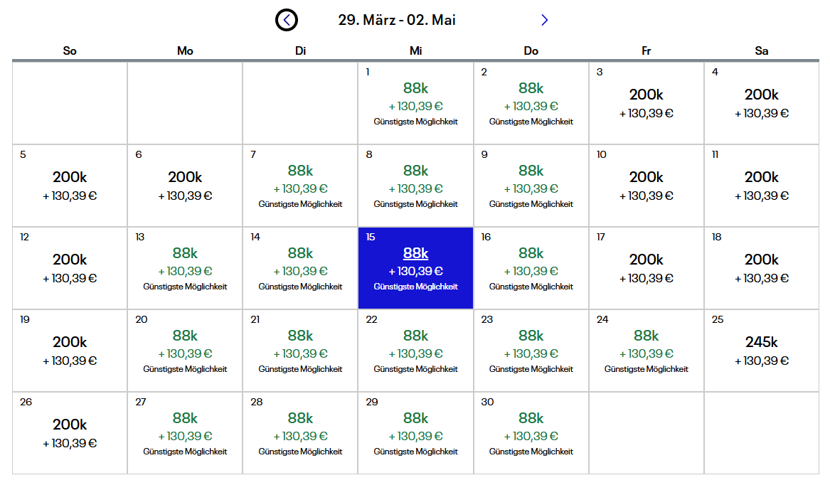 United MileagePlus Praemienflug Kalenderansicht