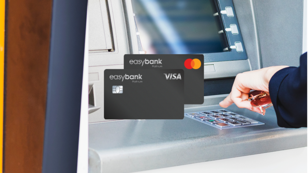 Easybank Platinum Double im Vordergrund, im Hintergrund ein Geldautomat