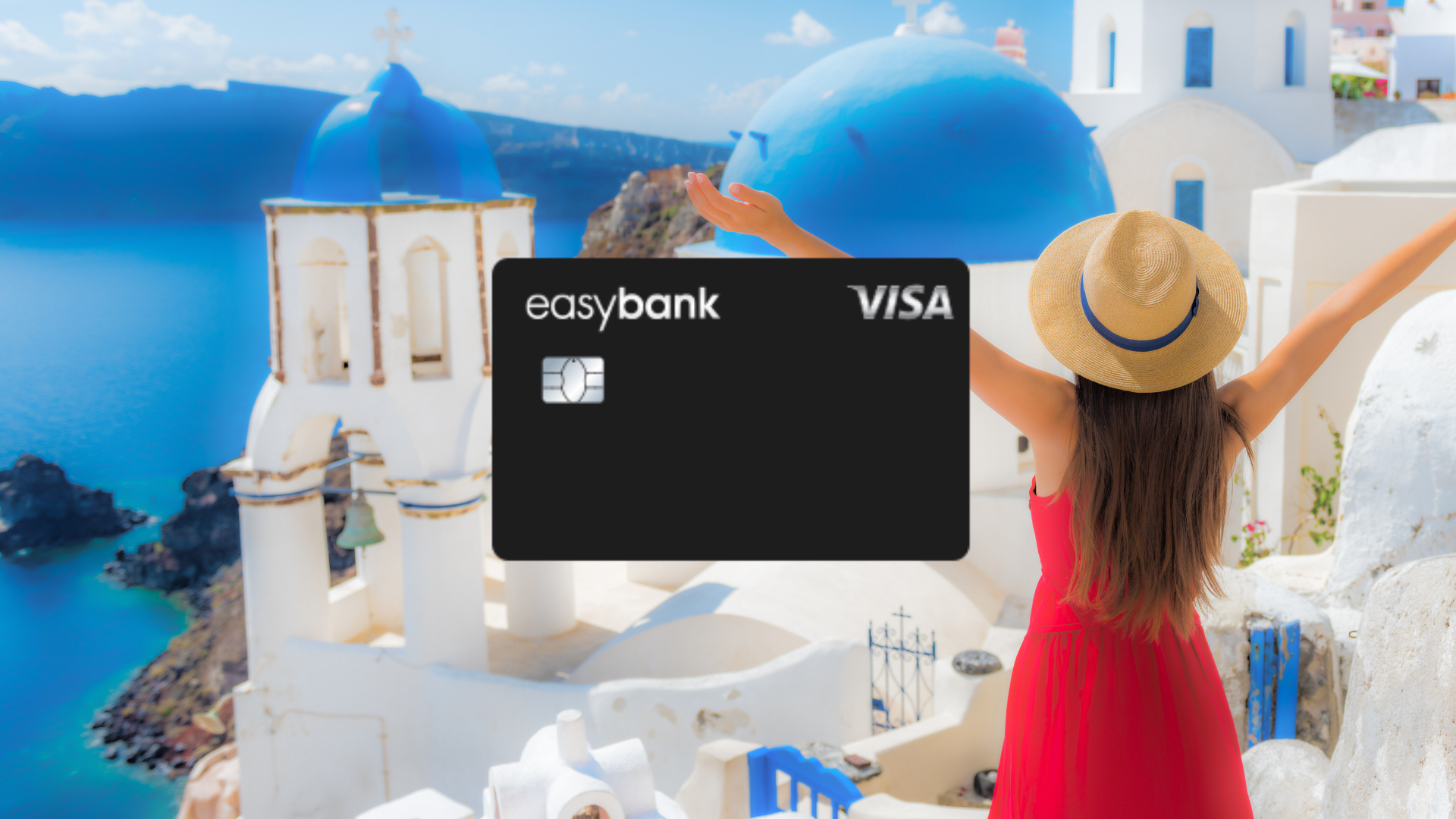 Easybank Visa im Vordergrund, im Hintergrund eine Frau und eine Stadt mit blau weißen Haeusern