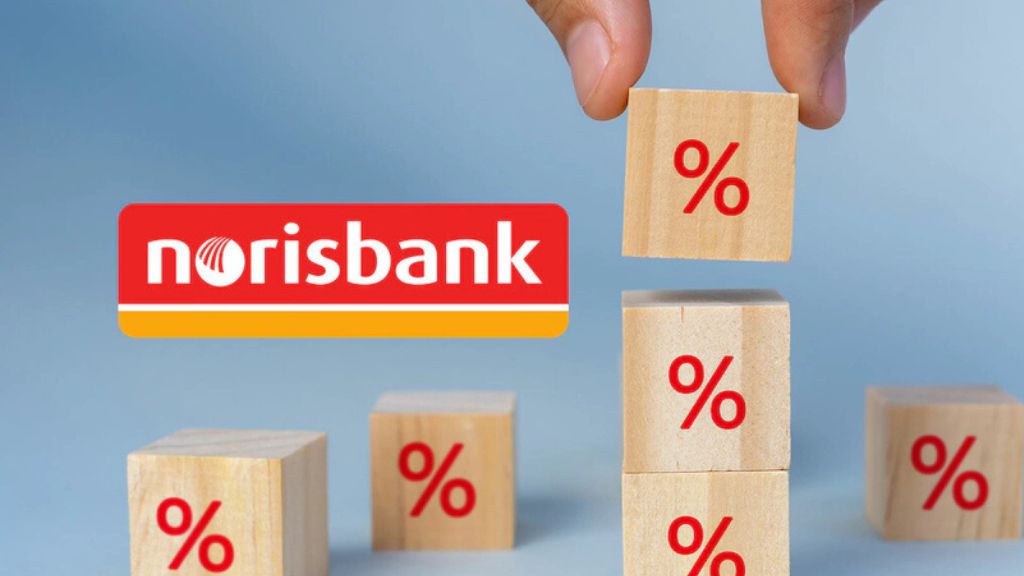 Norisbank Logo mit Holzkloetzen, auf denen Prozentzeichen abgebildet sind
