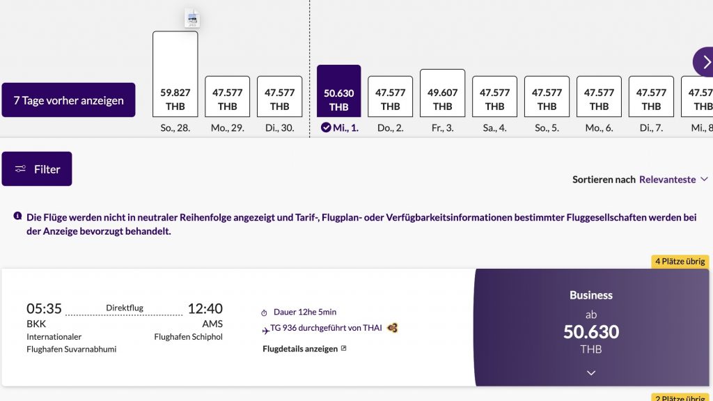Buchungsmaske Bangkok nach Amsterdam Thai Airways