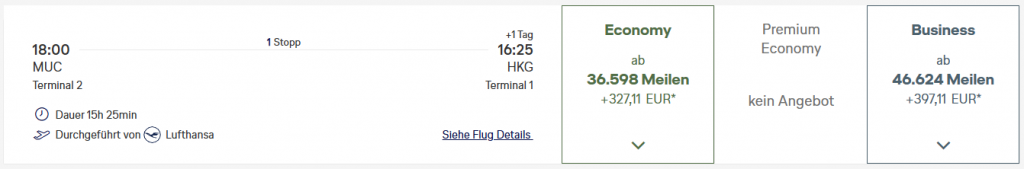 Award Flight MUC HKG Business Class Miles More LH