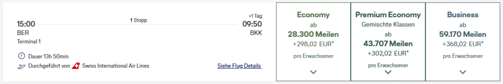 Miles More Award Flight BER BKK Business Class Swiss Update Feb