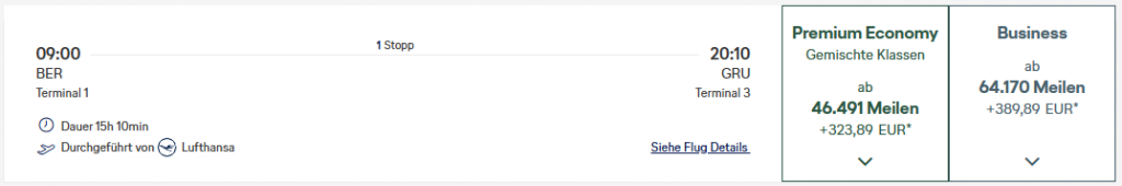 Miles More Award Flight BER GRU Business Class LH