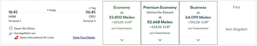 Miles More Award Flight HAM GRU Business Class SWISS