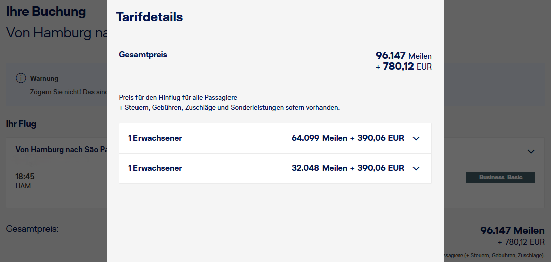 Miles More Award Flight HAM GRU Business Class SWISS Companion