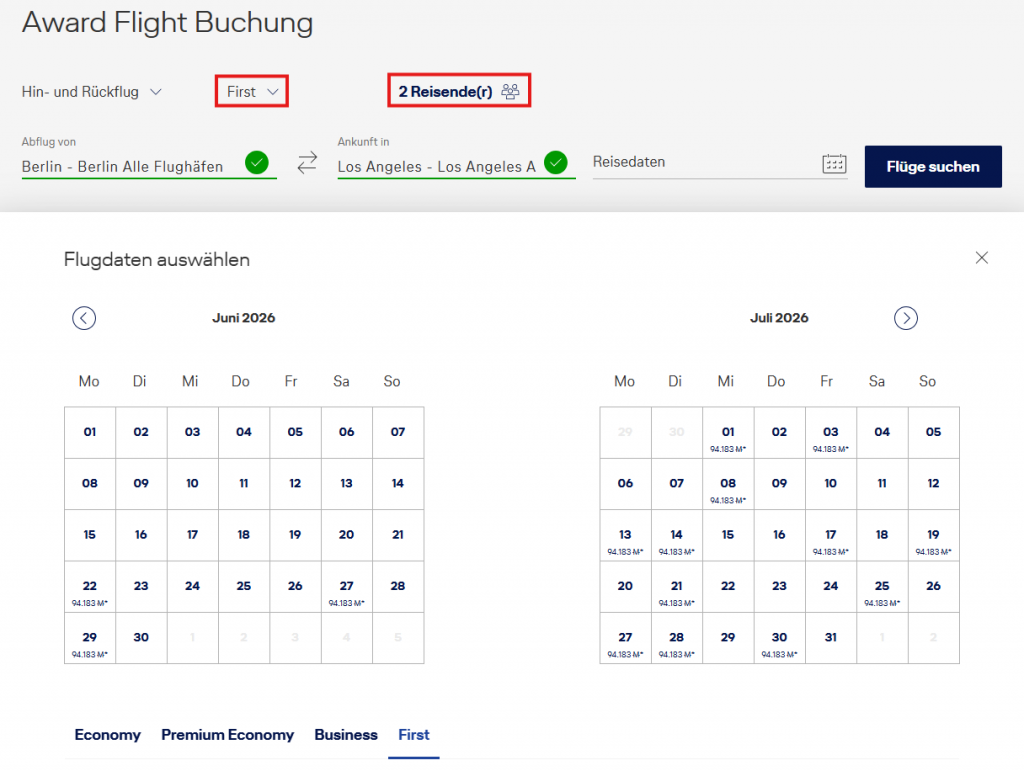 Miles More Kalendersuche Award Flights BER LAX First Class Neu 2 Pax