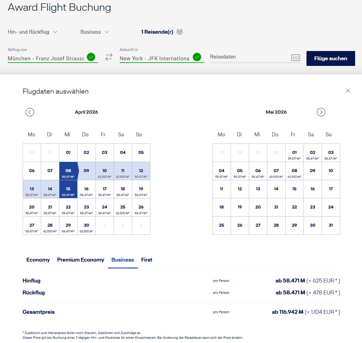 Miles More Kalendersuche Award Flights MUC JFK Business Class Neu