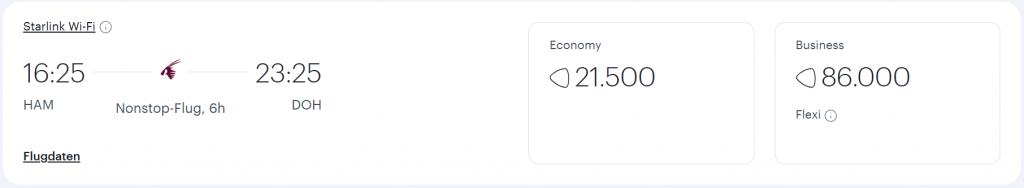 Praemienflug Qatar Airways Strecke Hamburg nach Doha