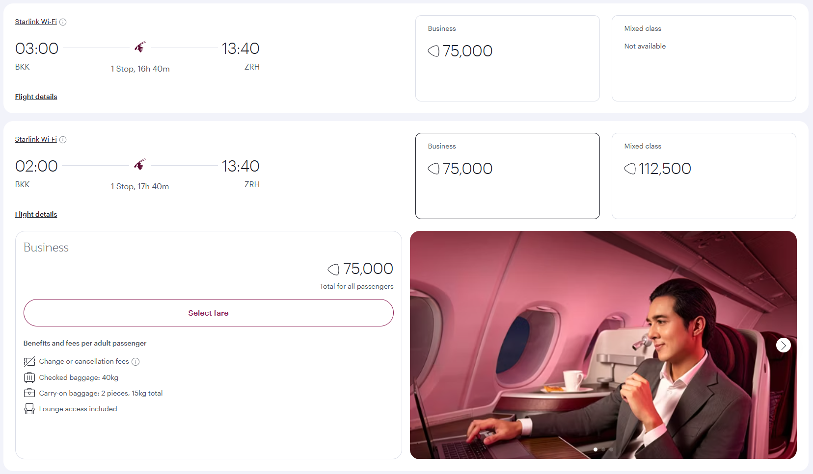 QR Privilege Club Qatar Airways BKK ZRH Business Class