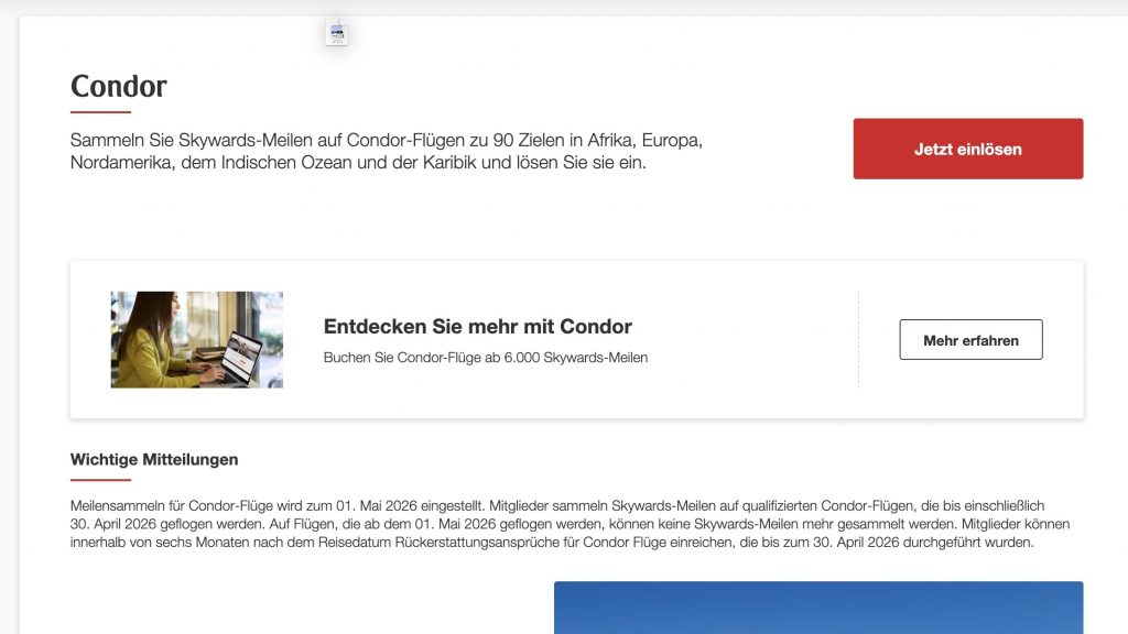 Screenshot Condor Skywards Meilen Aenderung