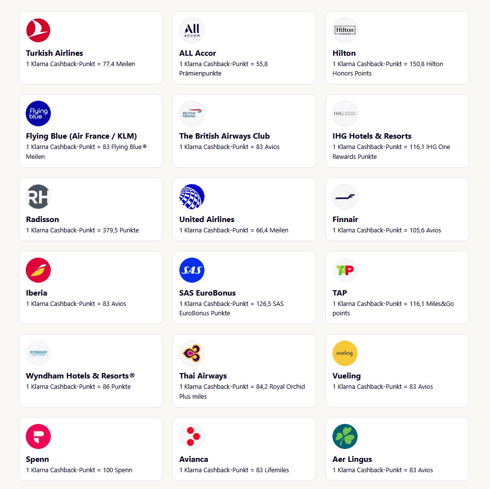 Klarna Cashback Transferpartner Uebersicht