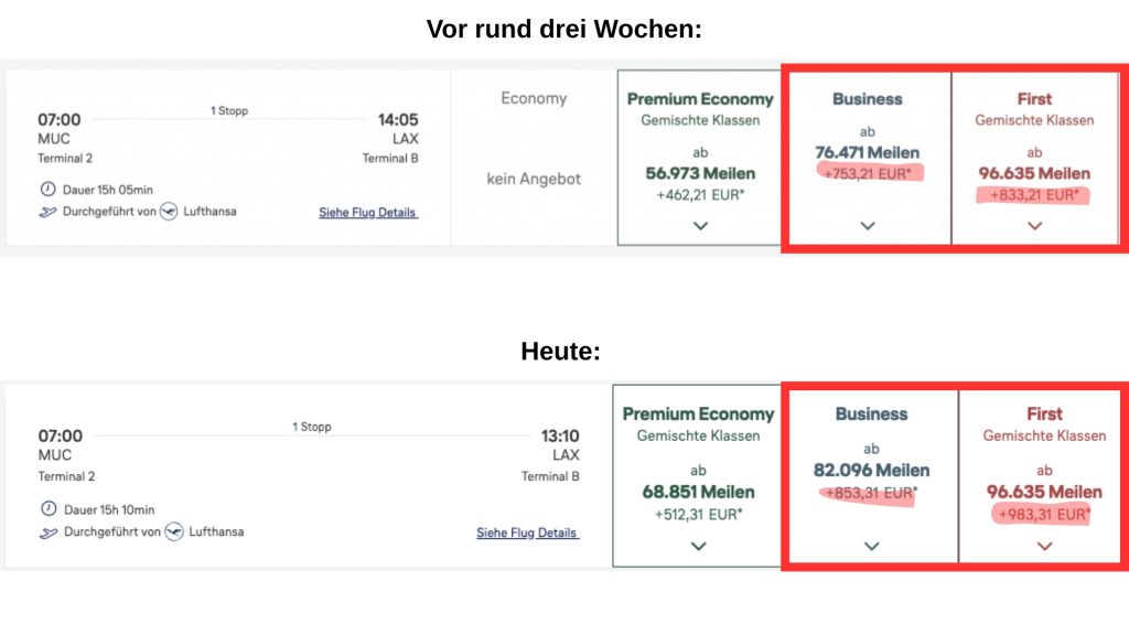 Lufthansa Zuschläge Beispiel MUC LAX