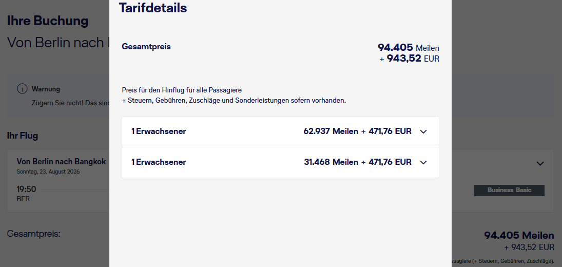 Miles More Award Flight BER BKK Business Class Swiss LH Companion Update Mai