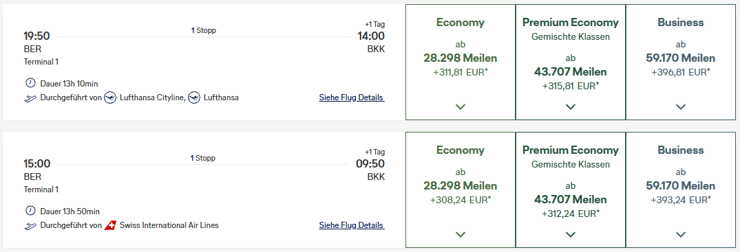 Miles More Award Flight BER BKK Business Class Swiss Update Mar