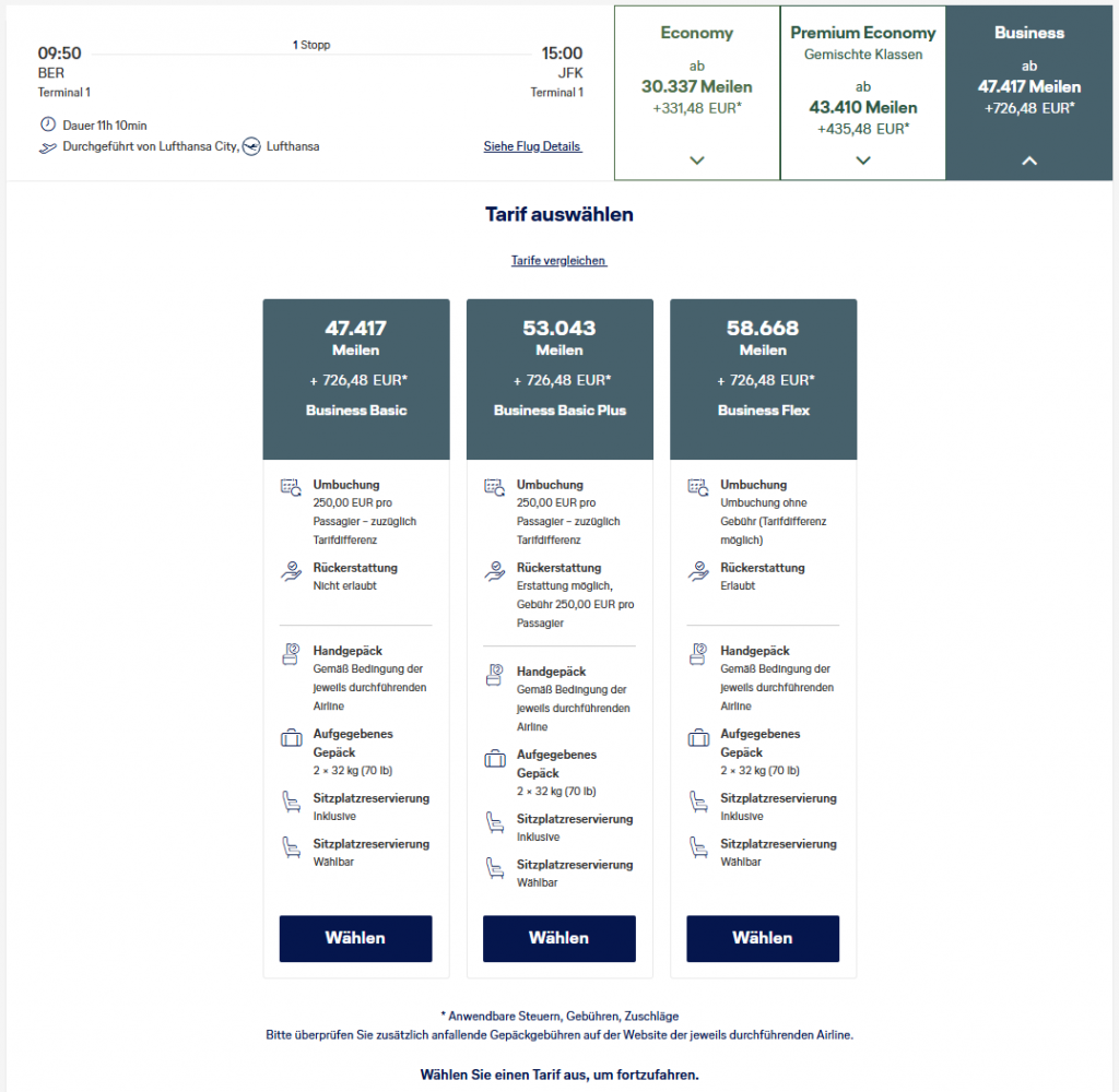 Miles More Award Flight BER JFK Business Class Tarifauswahl