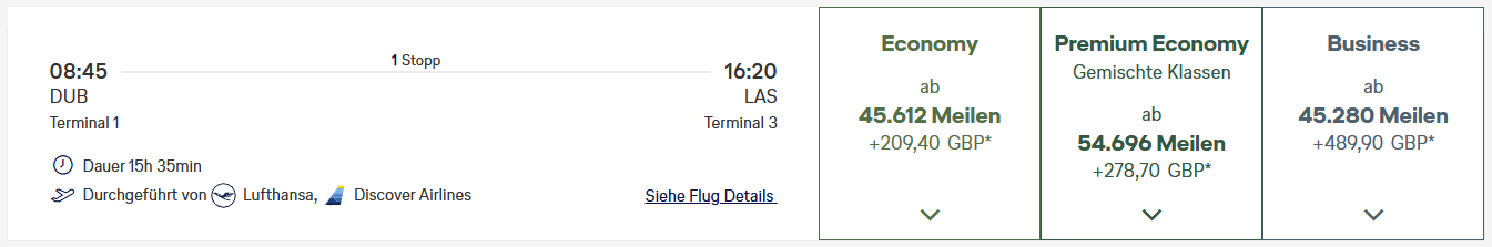 Miles More Award Flight DUB LAS Business Class Discover Sep 2026