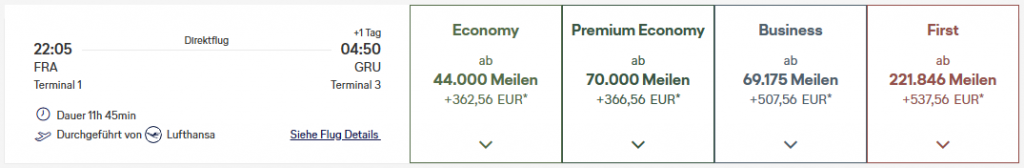 Miles More Award Flight FRA GRU Business Class LH Update
