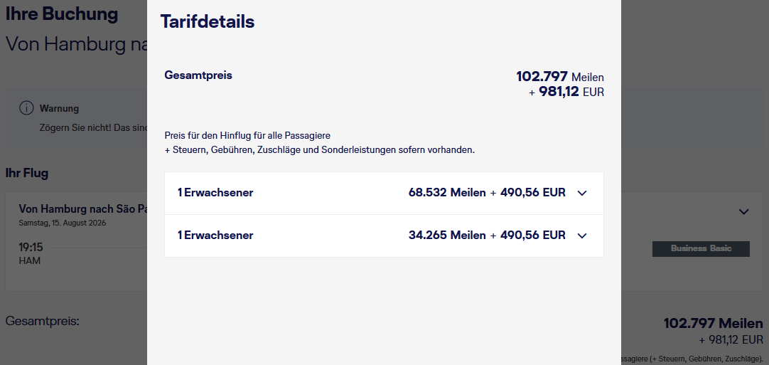 Miles More Award Flight HAM GRU Business Class SWISS Companion Update