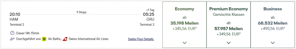 Miles More Award Flight HAM GRU Business Class SWISS Update