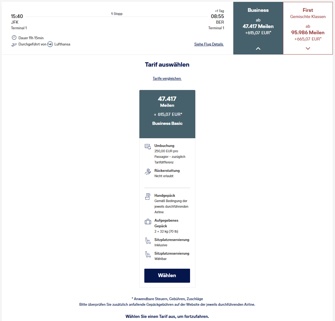 Miles More Award Flight JFK BER Business Class Tarifauswahl Return