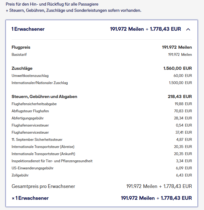 Miles More BER JFK First Class Beispiel April 2026 Gebuehren