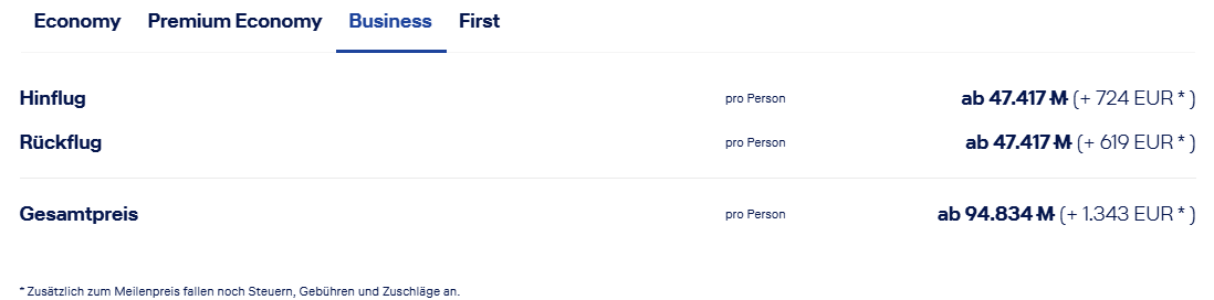 Miles More Fluege Kalendersuche Beispiel BER NYC Uebersicht MeilenGebühren