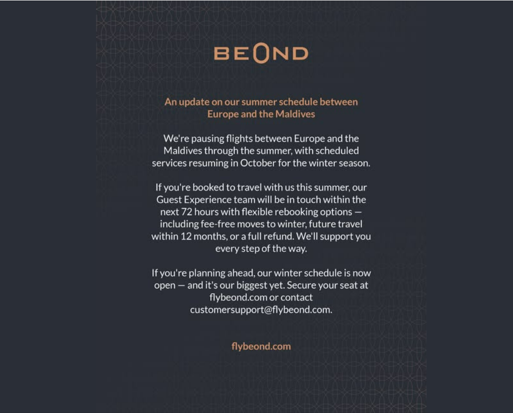 BeOnd Suspends Flights Summer 2026