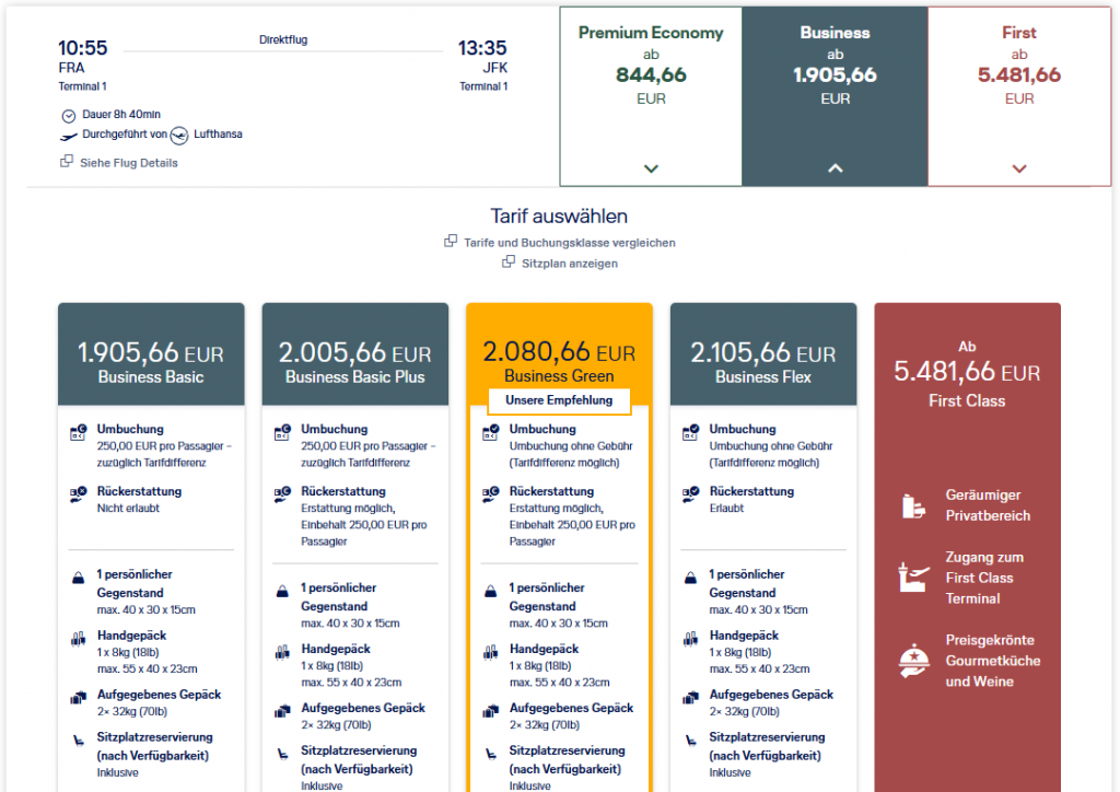 LH FRA JFK Beispiel Tarifinhalte Business