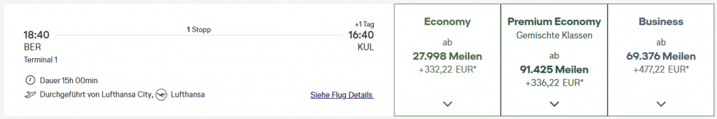 Miles More Award Flight BER KUL Business Class Lufthansa Nov