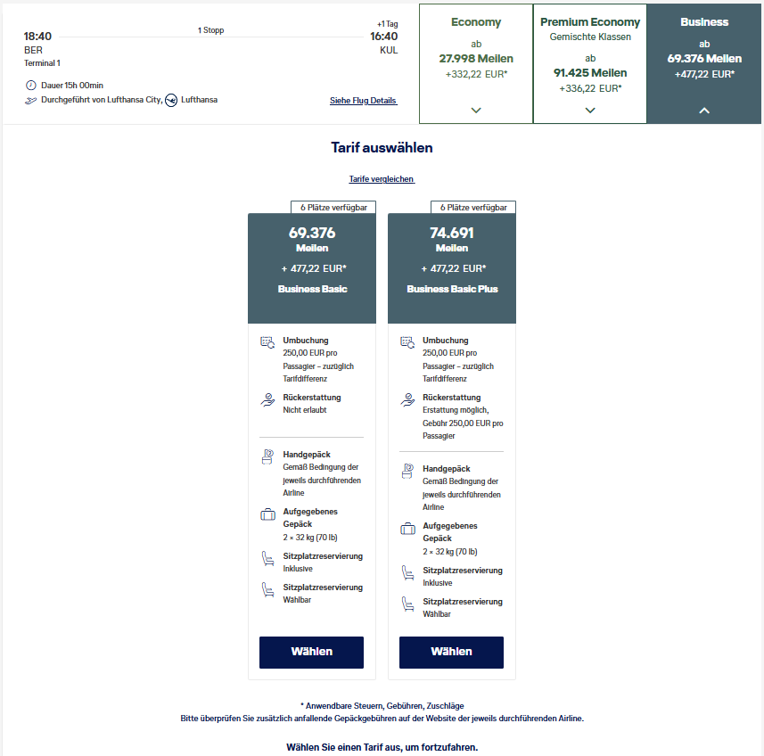 Miles More Award Flight BER KUL Business Class Lufthansa Tarife