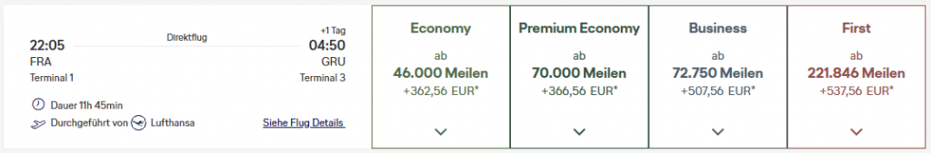 Miles More Award Flight FRA GRU Business Class LH Update April