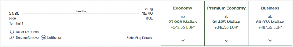 Miles More Award Flight FRA KUL Business Class Lufthansa Nov