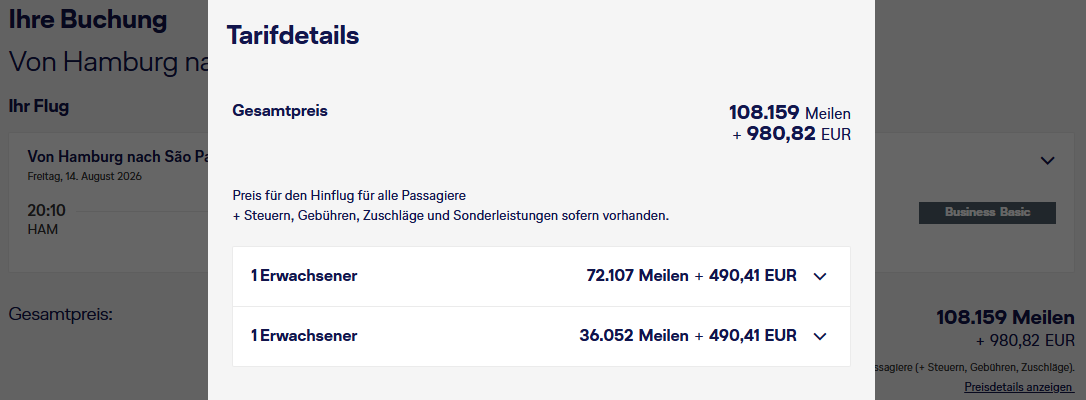 Miles More Award Flight HAM GRU Business Class SWISS Companion Update April