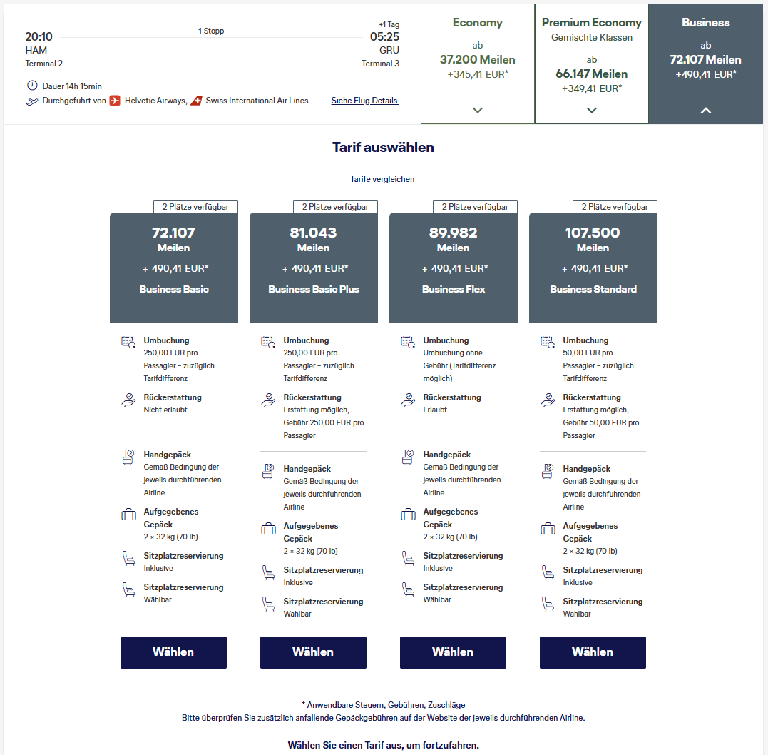 Miles More Award Flight HAM GRU Business Class SWISS Tarife Update April