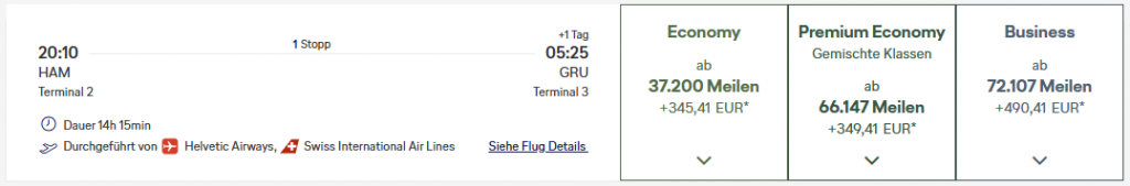 Miles More Award Flight HAM GRU Business Class SWISS Update April