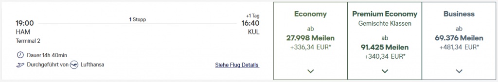 Miles More Award Flight HAM KUL Business Class Lufthansa Nov