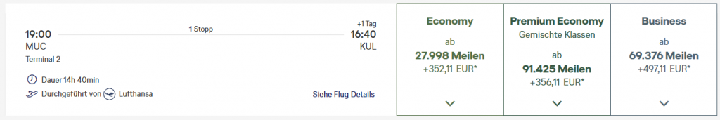 Miles More Award Flight MUC KUL Business Class Lufthansa Nov