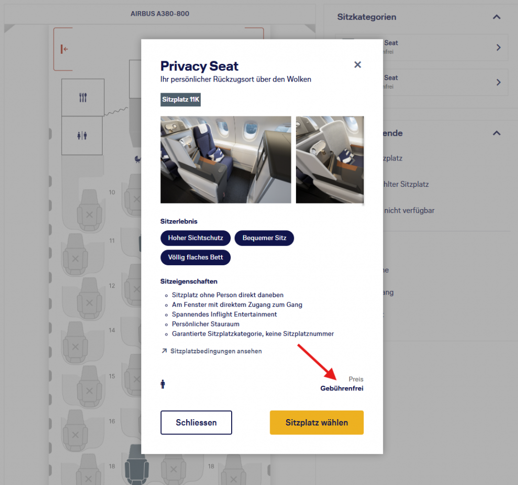 Miles More Award Flight MUC LAX Beispiel A380 April 2026 Sitzplatz