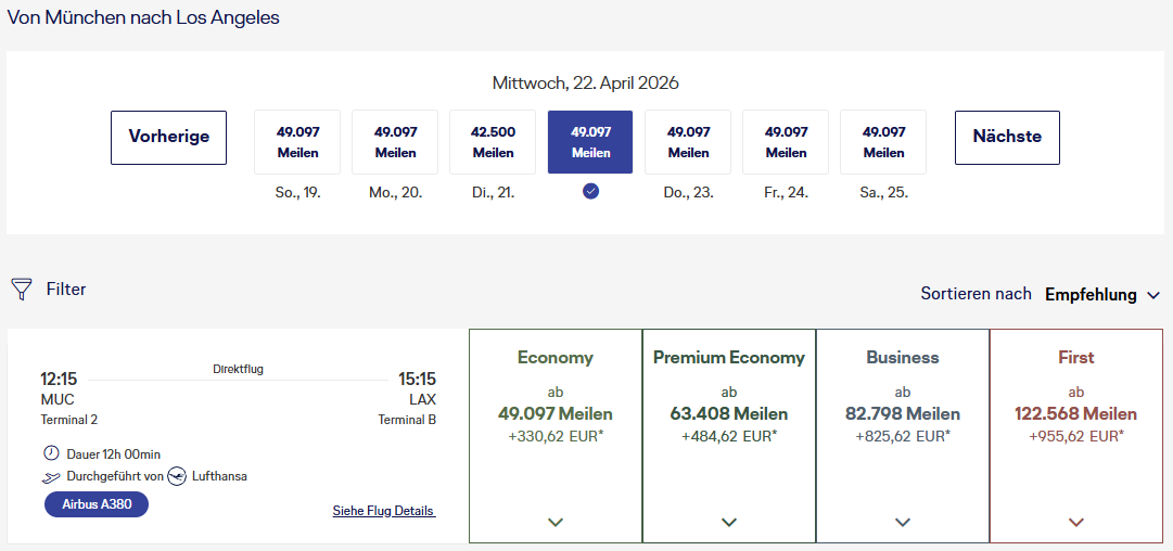 Miles More Award Flight MUC LAX Beispiel A380 April 2026