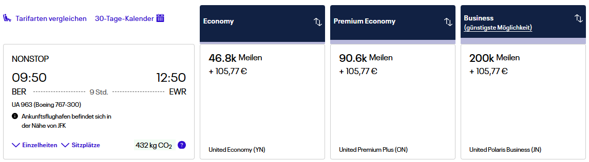 United Award Flight BER EWR Beispiel Mai Business Class