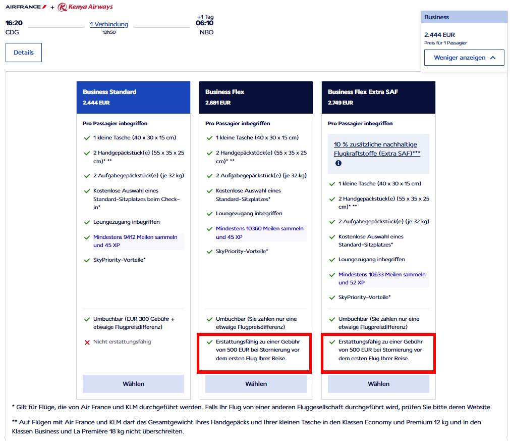 Screenshort Air France Erstattungsgebuehren Business Flex